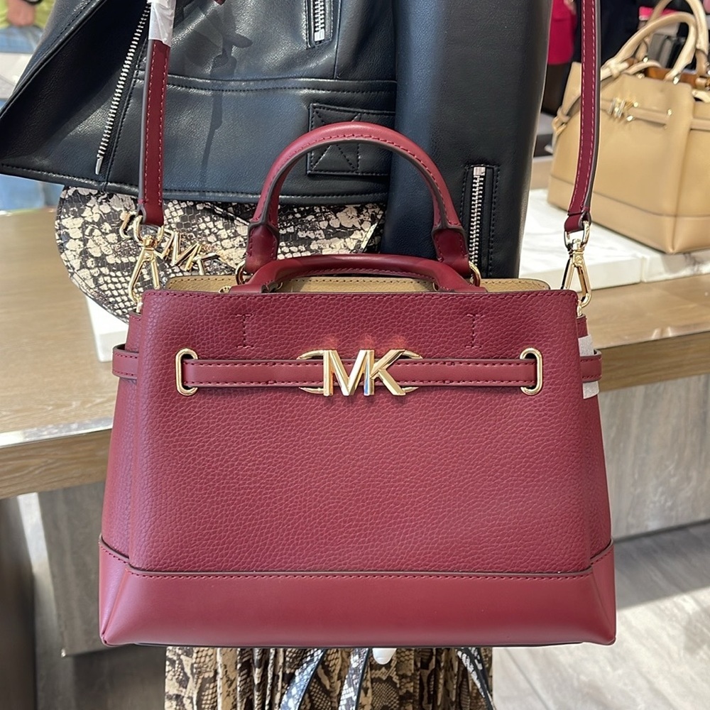 Michael Kors Reed Small Dark Cherry Leather Center Zip Belted Satchel Bag Purse - Picture 4 of 16